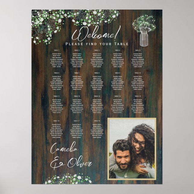 18 Tabelle Rustikales Holz Gypsophila FOTO SITZEND Poster (Vorne)