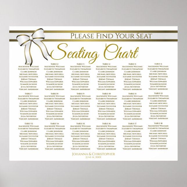 18 Tabelle White & Gold Hochzeitsdiagramm Poster (Vorne)