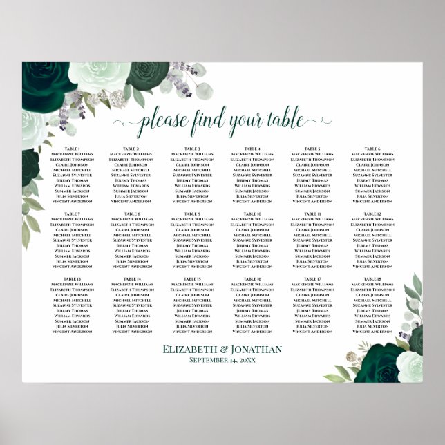 18 Table Emerald Rose Boho Wedding Seating Chart Poster (Vorne)