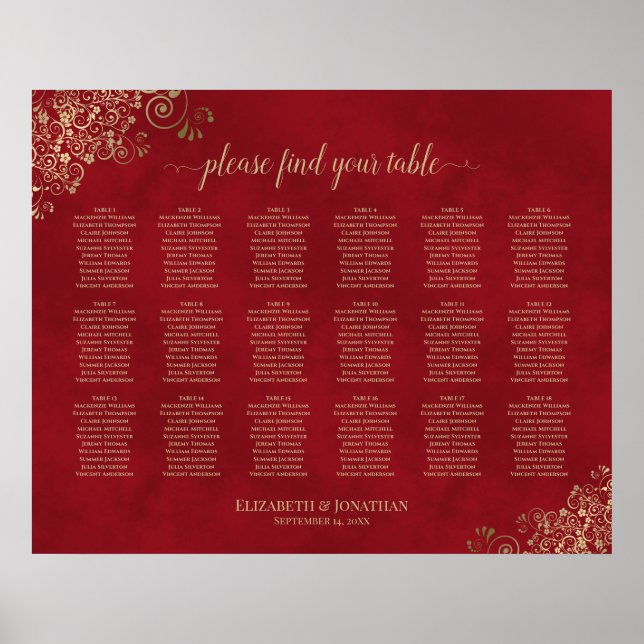 18 Table Gold Frills auf Red Wedding Seating Chart Poster (Vorne)