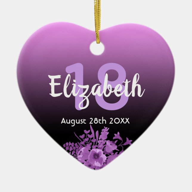 18 th birthday purple black floral name keramik ornament (Vorne)