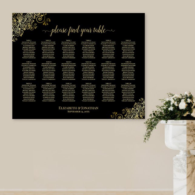 18 Tisch Hochzeitskarte Schwarz & Gold Frills Poster (In Situ on Wall)