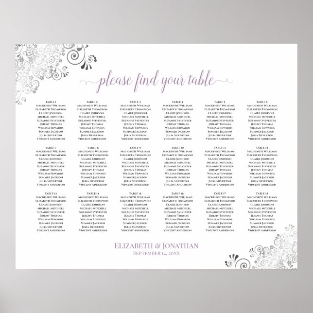 18 Tischlacy White Wedding Seating Chart Lavender Poster (Vorne)