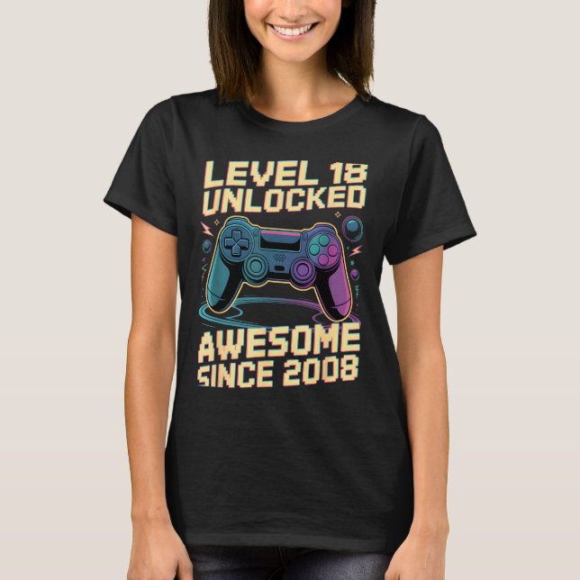 18th Birthday Boy Gift Level 18 Gamer 2008 18 Year T-Shirt (Vorderseite)