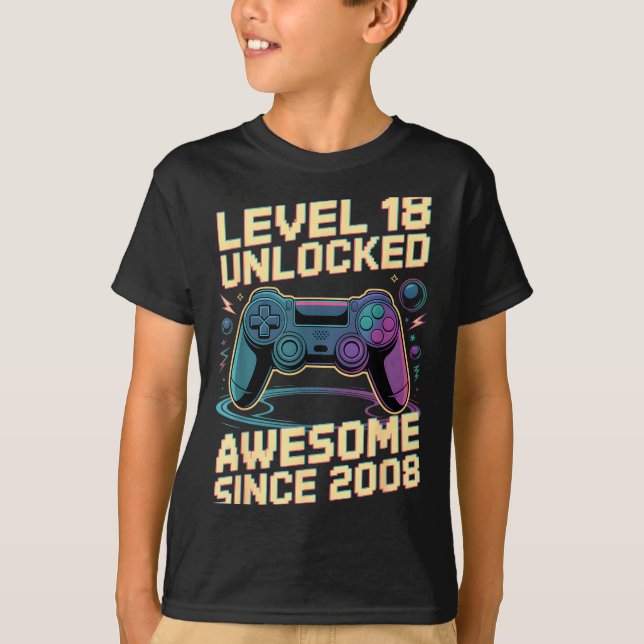 18th Birthday Boy Gift Level 18 Gamer 2008 18 Year T-Shirt (Vorderseite)