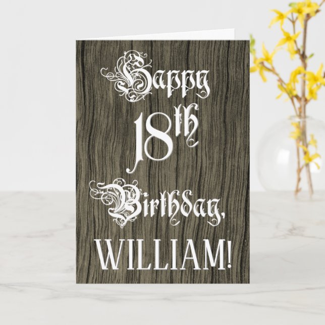 18th Birthday: Fancy, Elegant Text; Faux Wood Look Karte (Gelbe Blume)
