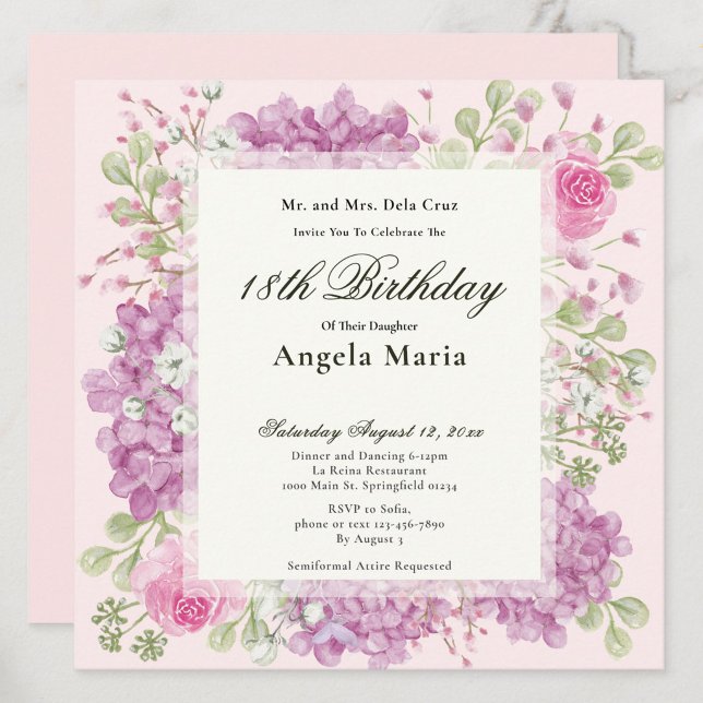 18th Birthday Invitation Elegant Pink Flowers Einladung (Von Creator hochgeladen)