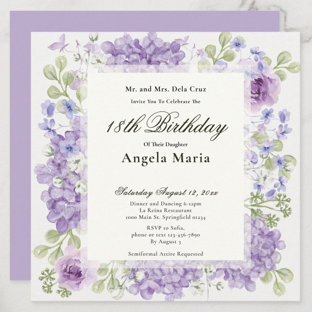 18th Birthday Invitation Elegant Purple Flowers Einladung (Von Creator hochgeladen)