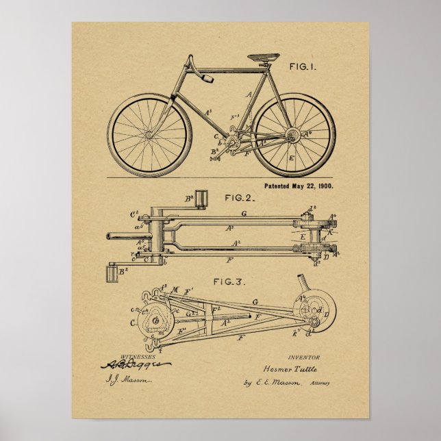 1900 Chainless Bicycle Design Patent Art Print Poster (Vorne)