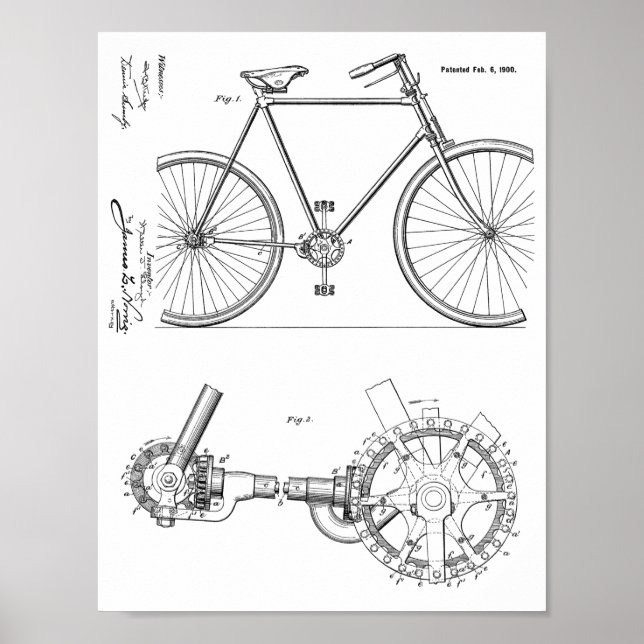 1900 Chainless Bicycle Design Patent Art Print Poster (Vorne)