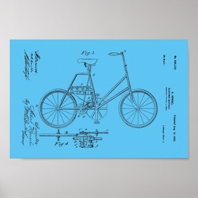 1900 Vintages Elektrofahrrad-Patent Art Print Poster (Vorne)