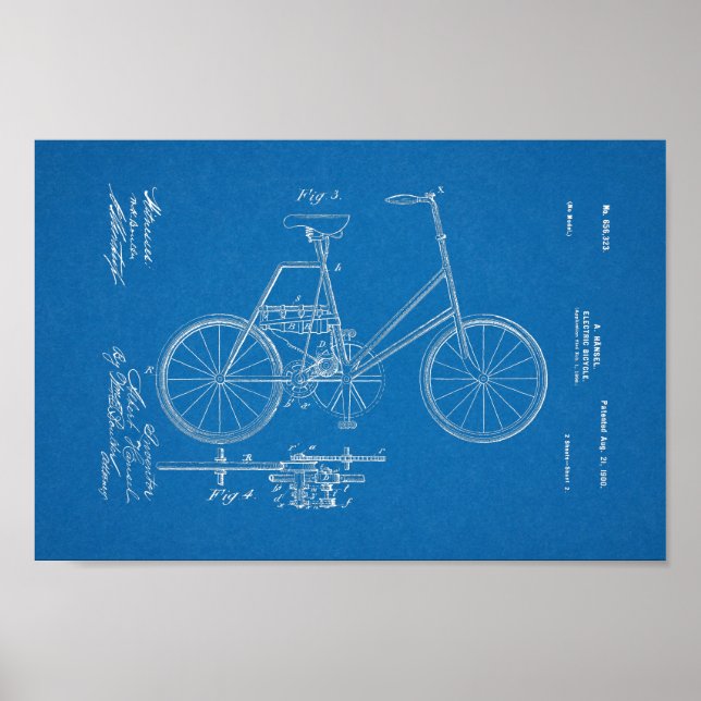 1900 Vintages Elektrofahrrad-Patent Blueprint Art Poster (Vorne)