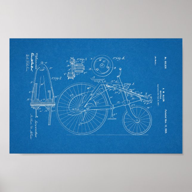 1900 Vintages Fahrrad Patent Blueprint Art Print Poster (Vorne)