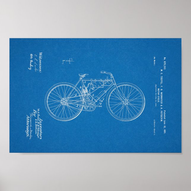 1901 Vintages Motorradpatent Blueprint Poster (Vorne)