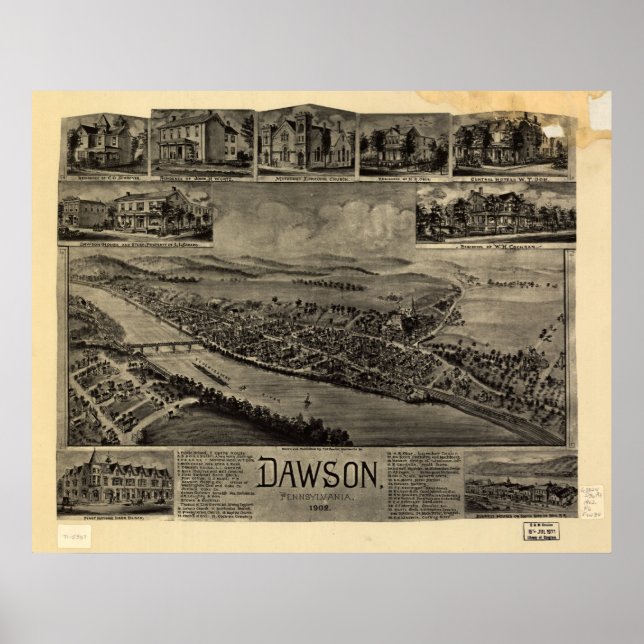 1902 Dawson, PA Birds Eye Panorama Karte Poster (Vorne)