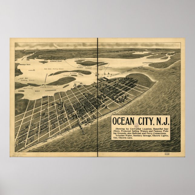 1903 Ocean City, NJ Birds Eye Panoramablick Karte Poster (Vorne)
