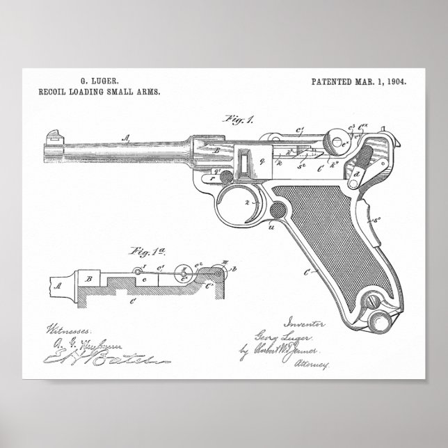 1904 Luger Gun Patent Art Zeichnend Print Poster (Vorne)