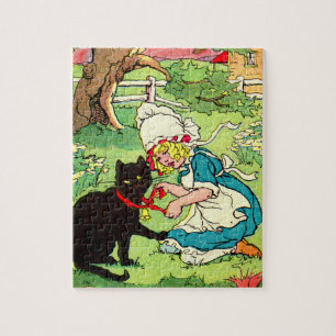 1905 beugt sich kleine Mädchen ihrer schwarzen Kat Puzzle