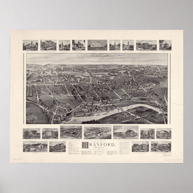 1905 Branford, CT Birds Eye Panorama Karte Poster (Vorne)