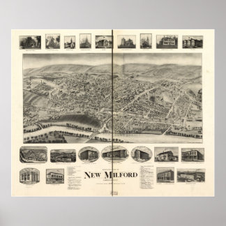 1906 New Milford CT Birds Eye Panoramablick Karte Poster