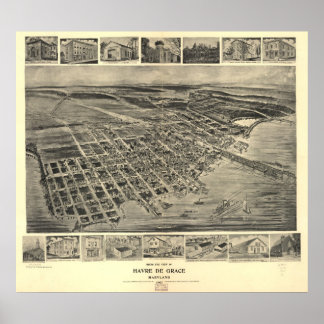 1907 Havre De Grace, MD Birds Eye Panorama Karte Poster