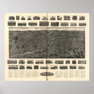 1907 Torrington CT Birds Eye Panoramablick Karte Poster