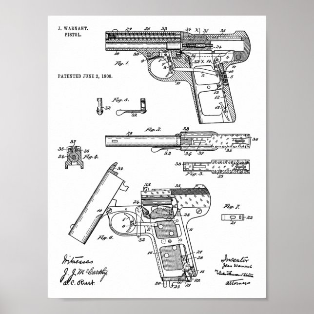1908 Gun Warnant Patent Art Zeichnend Print Poster (Vorne)