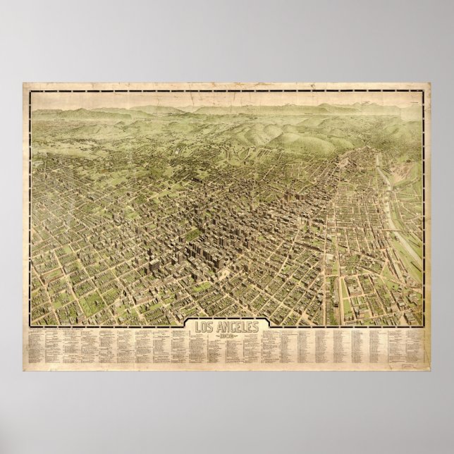 1909 Los Angeles, CA Birds Eye Panoramablick Karte Poster (Vorne)