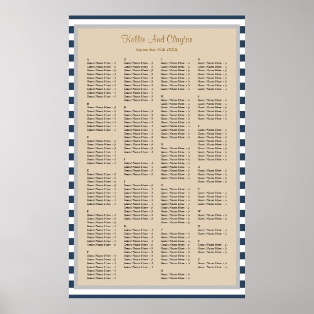 190 Classic Blue Stripes Hochzeitstabelle Poster (Vorne)
