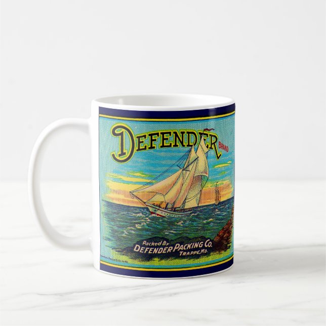 1910er Defender Marke Packing Segelbootlabel Kaffeetasse (Links)