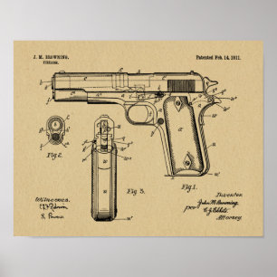 1911 Colt Browning Gun Patent Art Zeichnend Print Poster