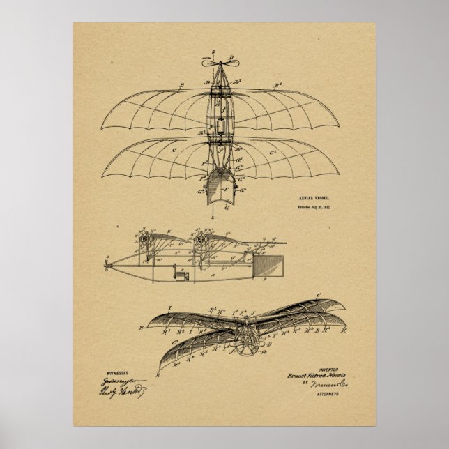 1911 Vintage Flugzeugpatentkunst Zeichnend Druck Poster (Vorne)