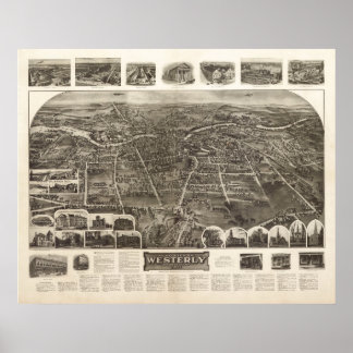 1911 Westerly, RI Birds Eye Panorama Karte Poster