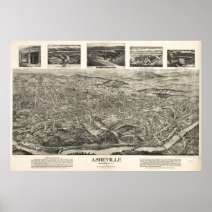 1912 Asheville, NC Birds Eye Panoramablick Karte Poster