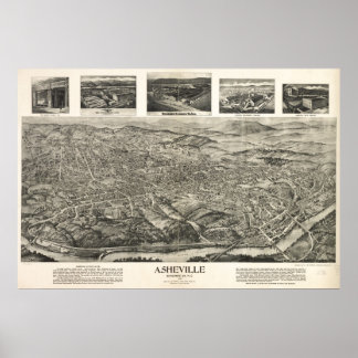 1912 Asheville, NC Birds Eye Panoramablick Karte Poster