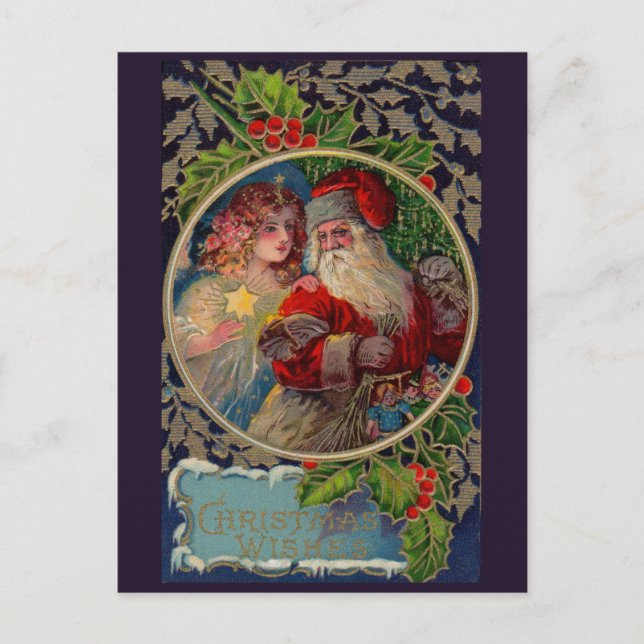 1912 Weihnachtsmann und Sternengel Weihnachtskarte Feiertagspostkarte (Vorderseite)