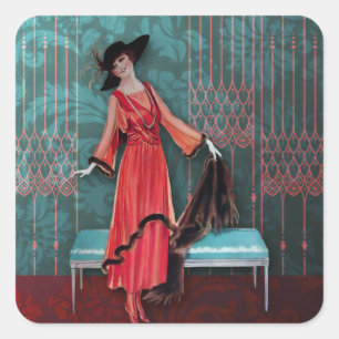 1913 Luxe: Vintage Mode im Rot und im Türkis Quadratischer Aufkleber