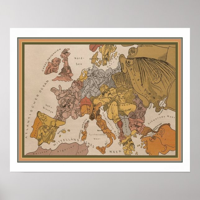 1914 Deutscher WWI Cartoon Map of Europe Poster (Vorne)