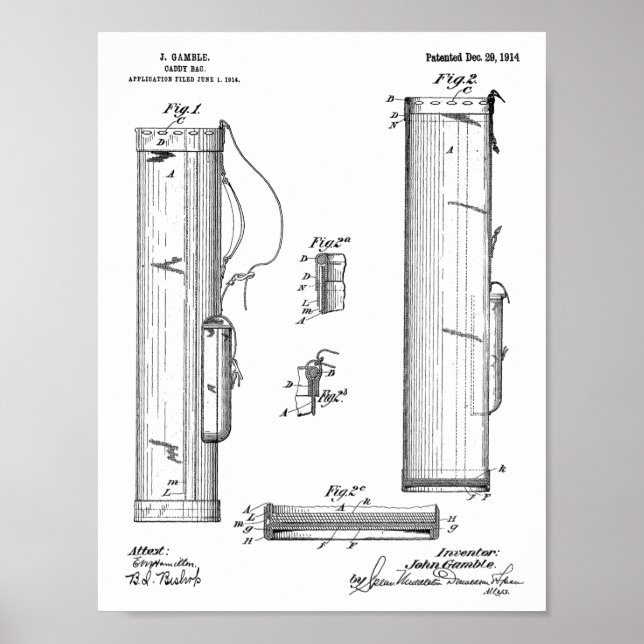1914 Golf Caddy Club Bag Design Patent Art Print Poster (Vorne)