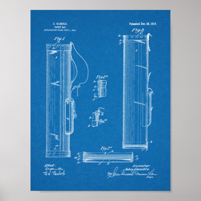 1914 Golf Caddy Club Bag Design Patent Art Print Poster (Vorne)