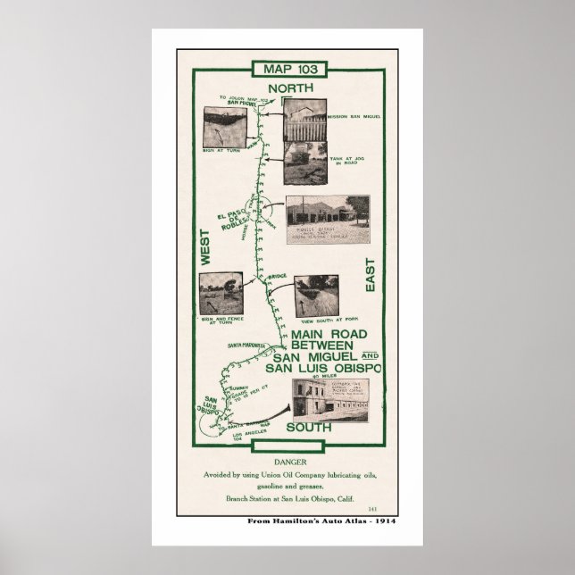 1914 Karte, San Miguel nach San Luis Obispo Poster (Vorne)