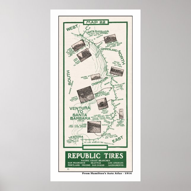 1914 Karte, Santa Barbara nach Ventura Poster (Vorne)