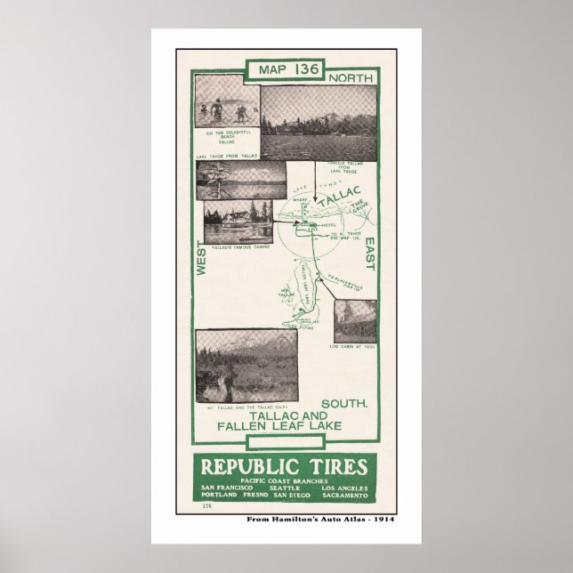 1914 Map, Fallen Leaf Lake und Tallac Poster (Vorne)