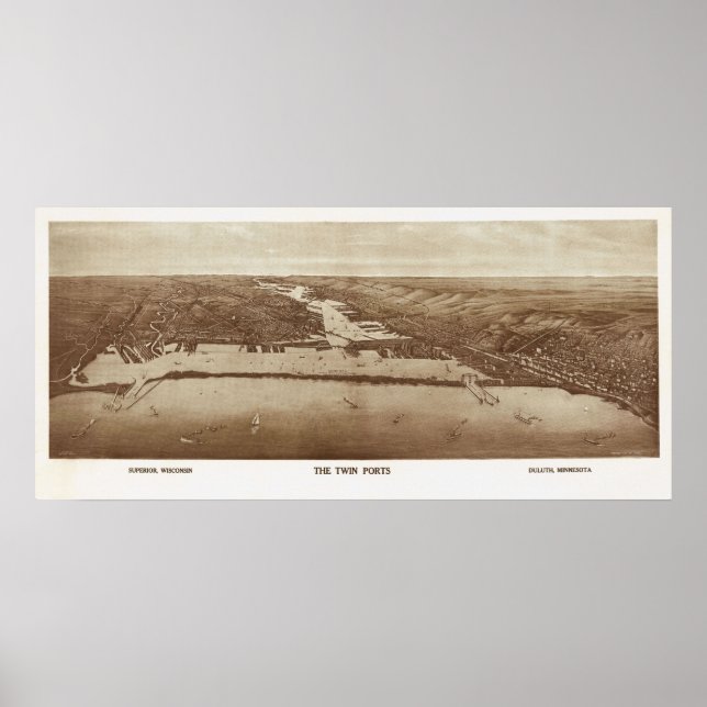 1915 Superior, WI & Duluth, MN Birds Eye View Poster (Vorne)