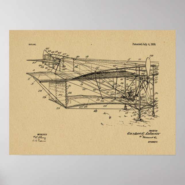 1916 Flugzeug-Biplane-Patent Zeichnend Kunstdruck Poster (Vorne)