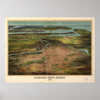 1916 Newark, NJ Birds Eye Panoramablick Karte Poster