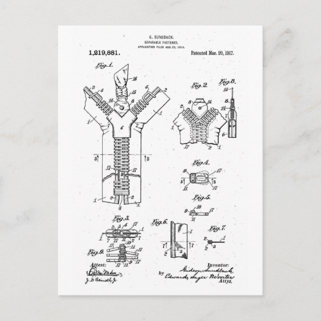 1917 Patent des "Separable Fastener" Zipper Postkarte (Vorderseite)