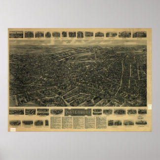 1917 Waterbury CT Birds Eye Panoramablick Karte Poster