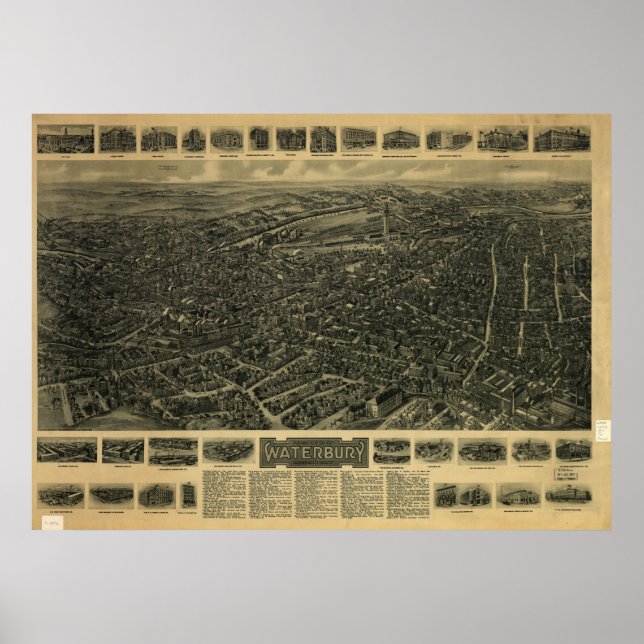 1917 Waterbury CT Birds Eye Panoramablick Karte Poster (Vorne)