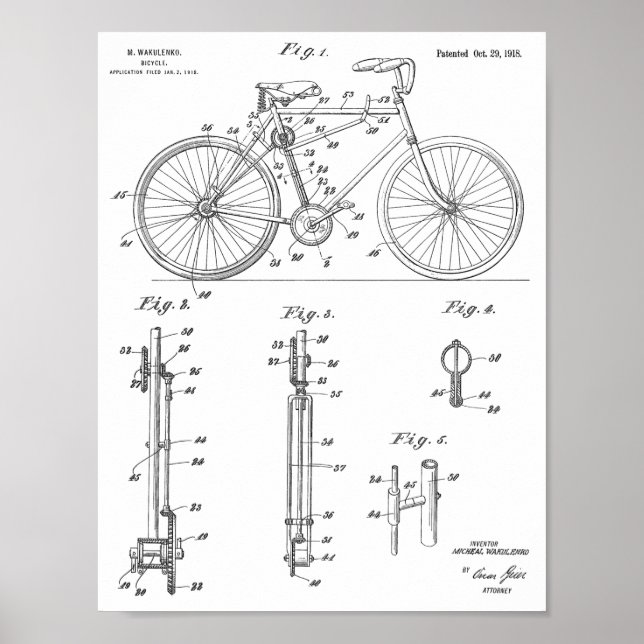 1918 Chainless Bicycle Design Patent Art Print Poster (Vorne)